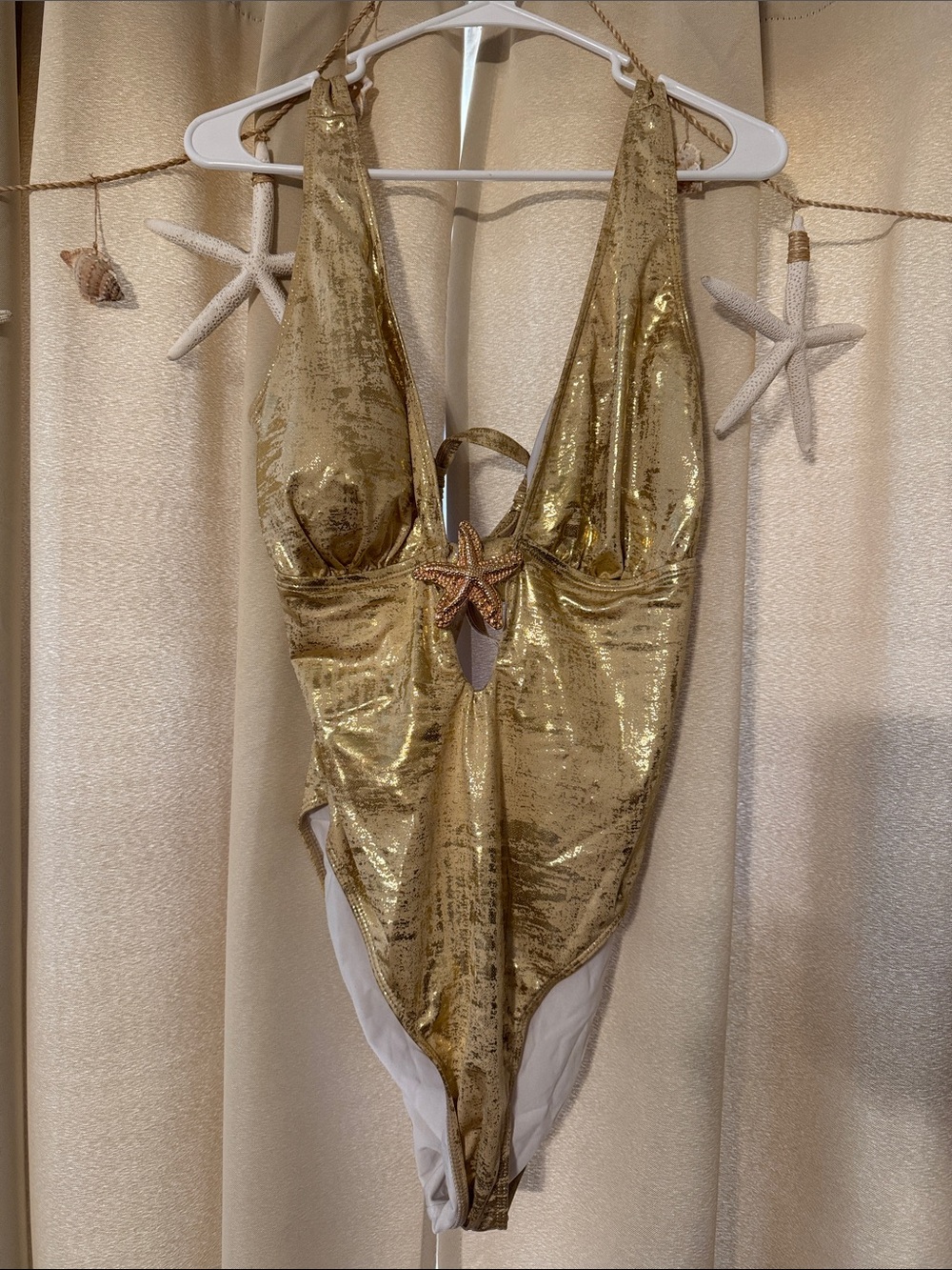 Gold Metallic One-Piece Swimsuit with Starfish Accent